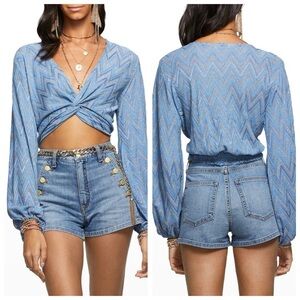 Ramy Brook Chevron Dakota Twist-Front Crop Top in Metallic Blue